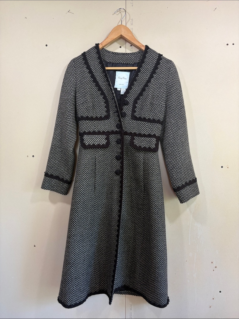 Tracy Reese Black And Cream Wool Coat Size 4